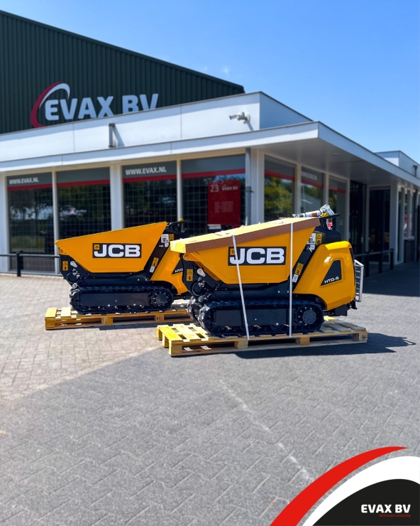 Gele JCB machines bij EVAX winkel vooraanzicht