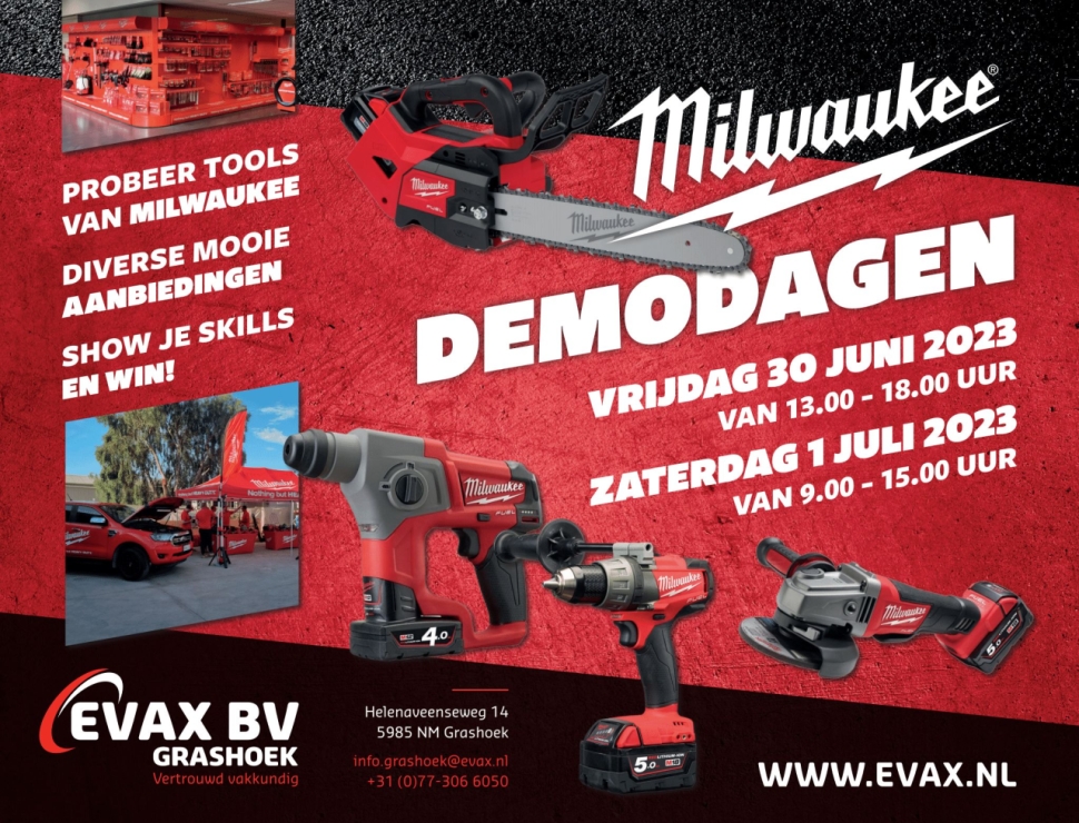 Milwaukee demodagen bij Evax BV op 30 juni en 1 juli